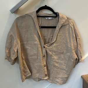 Zara beige linen button down crop top